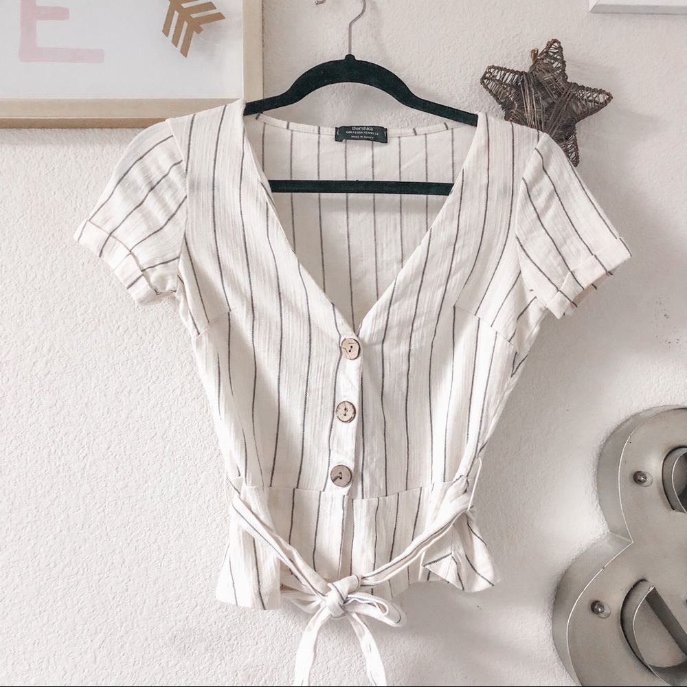 BERSHKA V neck tie front striped white top - Picture 1 of 9